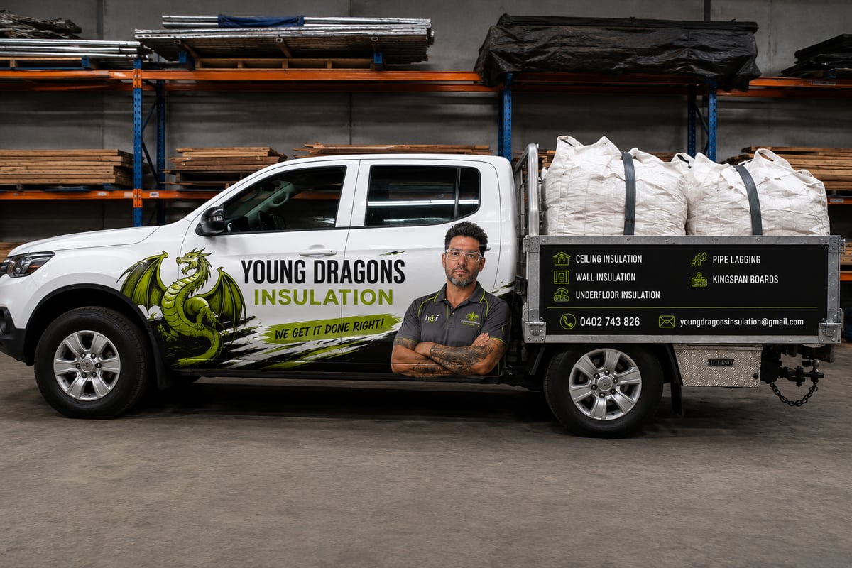 Young Dragons Insulation ute parked at the warehouse, loaded with insulation batts